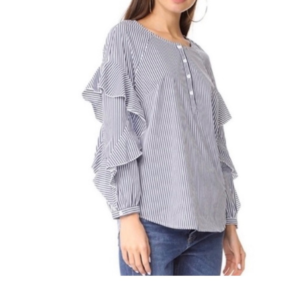 Splendid blue striped blouse ruffle sleeves  3/4 button front size M